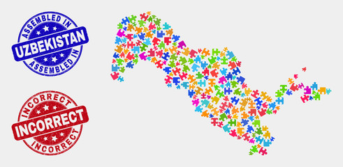 Element Uzbekistan map and blue Assembled seal stamp, and Incorrect scratched seal stamp. Colorful vector Uzbekistan map mosaic of plugin units. Red rounded Incorrect imprint.