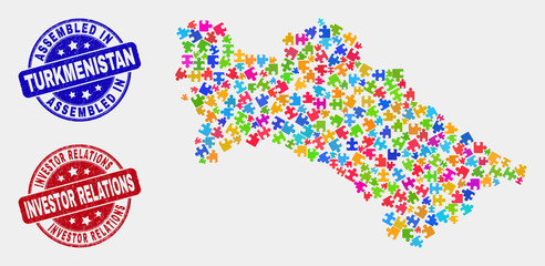 Bundle Turkmenistan map and blue Assembled watermark, and Investor Relations grunge seal stamp. Bright vector Turkmenistan map mosaic of bundle elements. Red rounded Investor Relations stamp.