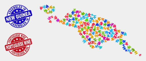 Puzzle New Guinea map and blue Assembled seal, and Portuguese Wine textured seal stamp. Colored vector New Guinea map mosaic of puzzle units. Red round Portuguese Wine imprint.