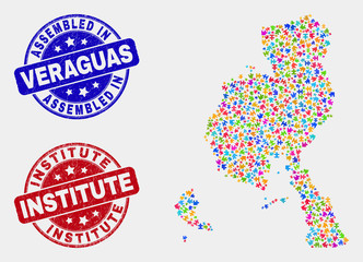 Element Veraguas Province map and blue Assembled stamp, and Institute distress seal stamp. Colorful vector Veraguas Province map mosaic of puzzle elements. Red round Institute seal.