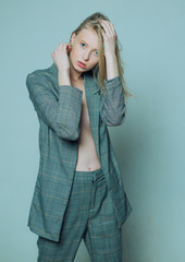 vintage beauty and elegance. jazz step style. british fashion. vintage checkered jacket. elegant...