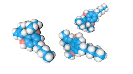 Molecular structure of dronabinol or tetrahydrocannabinol. Atoms are represented as spheres with conventional color coding: hydrogen (white), carbon (blue), oxygen (red). 3d illustration