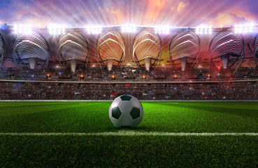 Football soccer sport stadium field with ball, green grass, tribunes full of fans, spotlights, flashes illumination. Crowded football soccer championship arena  at night. Sports design background. 3D