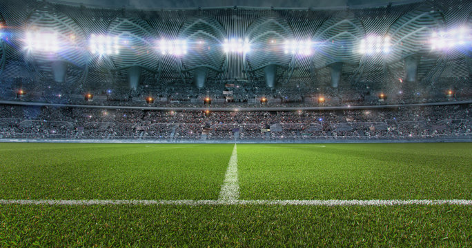 Football soccer sport stadium field with green grass, tribunes full of fans, spotlights, flashes illumination. Crowded football soccer arena for championship at night. Sports design background. 3D
