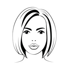 Woman  young face with short hair, black outline on white background