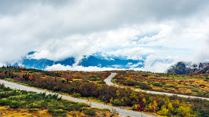 Curvy Mountain Asphalt Roads In Clouds