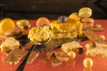 Tasty and beautiful dessert, different types of chocolate and macaroons