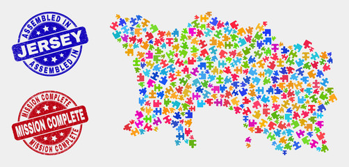 Assemble Jersey Island map and blue Assembled stamp, and Mission Complete grunge seal stamp. Colorful vector Jersey Island map mosaic of puzzle bricks. Red rounded Mission Complete stamp.