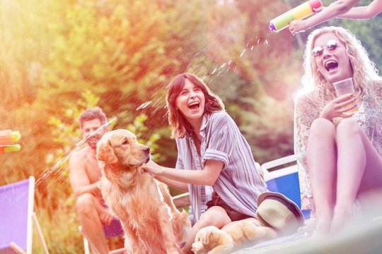 Tilt shot of family with Golden retriever enjoying summer on pier