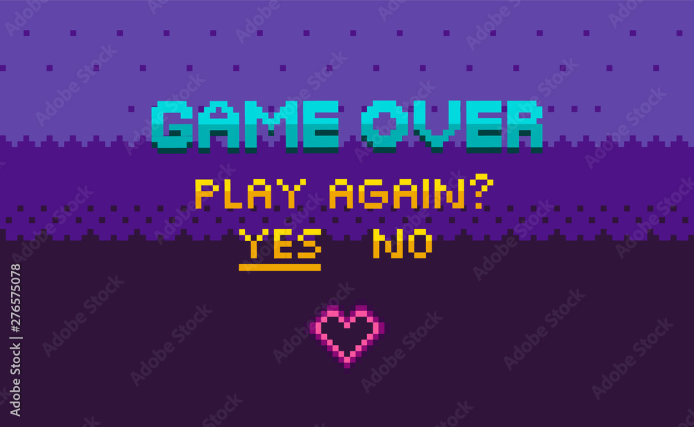 Poster game over and question of play again, yes or no choosing link, finish level page in purple color, pi
