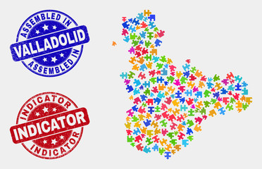 Puzzle Valladolid Province map and blue Assembled seal, and Indicator textured seal stamp. Bright vector Valladolid Province map mosaic of plugin components. Red round Indicator stamp.