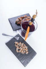 Selective focus of a homemade vermouth and seafood appetizer. Spanish traditional appetizer