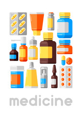 Background with medicine bottles and pills.