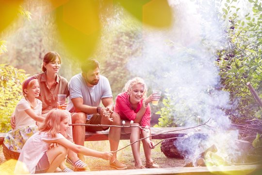 Happy family and friends roasting marshmallows over burning campfire at park