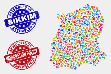 Constructor Sikkim State map and blue Assembled seal stamp, and Immigration Policy grunge seal stamp. Colorful vector Sikkim State map mosaic of plugin connectors.