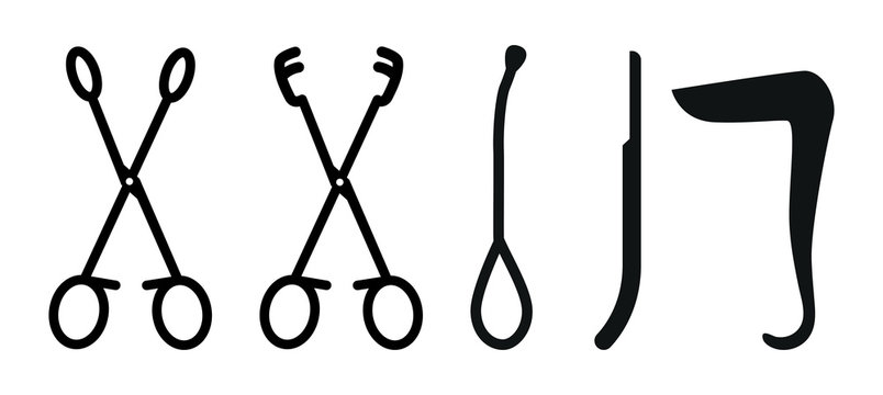 Gynecological instruments. Black silhouettes on white background. Flat vector