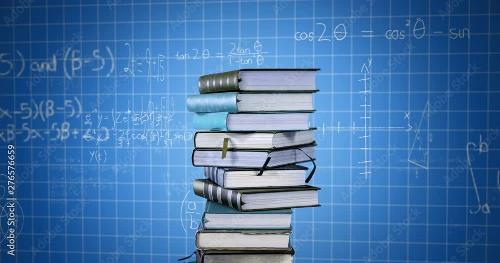 Poster Pile of books and mathematical equations and graphs