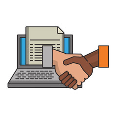 Laptop with business document and handshake symbol