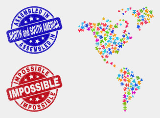 Puzzle South and North America map and blue Assembled stamp, and Impossible textured stamp. Colorful vector South and North America map mosaic of plugin parts. Red rounded Impossible stamp.
