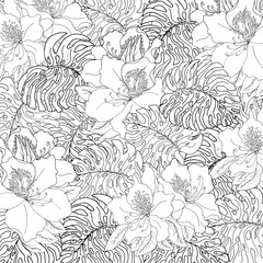 Seamless pattern of exotic white monstera leaves and azalea flowers with black outline. Decorative image with tropical foliage. Vector illustration EPS 8.