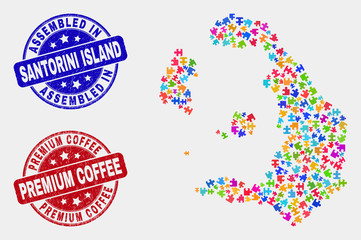 Module Santorini Island map and blue Assembled stamp, and Premium Coffee textured stamp. Bright vector Santorini Island map mosaic of plugin modules. Red rounded Premium Coffee seal.