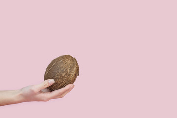 Coconut in hand on pink background