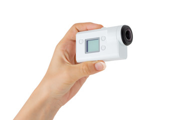 Portable video camera on a white background. Action camera close up.