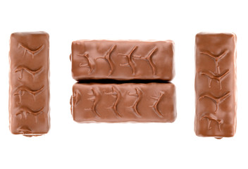 Chocolate bar on a white background. Candy with peanuts and nougat in chocolate close-up.
