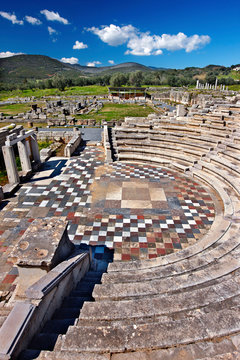 The "Ekklesiasterion" ('Assembly Hall") a theater-like construction in Ancient Messene (or Messini), Messinia Prefecture, Peloponnese, Greece 