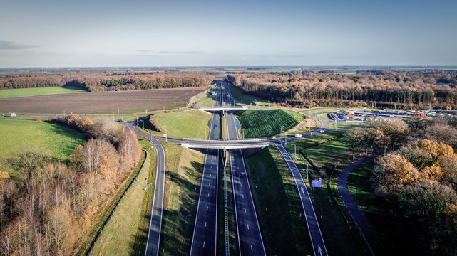 Big dutch roundabout viewed from above.ere are the roads N33 and N34 near Gieten