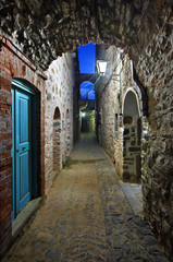 Beautiful alley in the medieval village of Mesta, one of the most beautiful 
