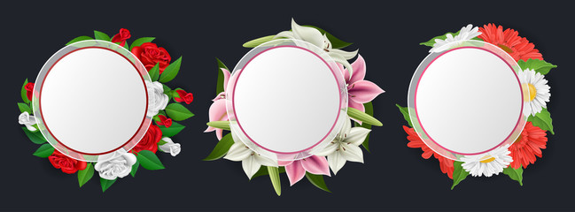 Round frame set with red and white flower and green leaf, rose, lily, daisy and gerbera. Vector illustration with realistic flowers, for summer design or wedding design template
