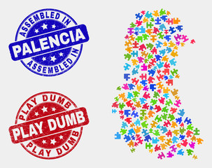 Bundle Palencia Province map and blue Assembled seal stamp, and Play Dumb textured seal stamp. Colorful vector Palencia Province map mosaic of plugin parts. Red rounded Play Dumb stamp.