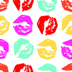 Seamless pattern of lipstick prints on a white background. Print kisses. Vector image.