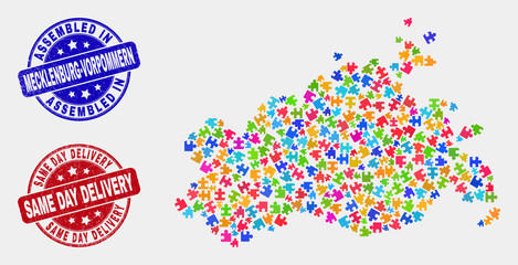 Assemble Mecklenburg-Vorpommern Land map and blue Assembled seal stamp, and Same Day Delivery textured stamp. Colorful vector Mecklenburg-Vorpommern Land map mosaic of puzzle bricks.