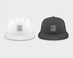 Vector 3d Realistic Render White and Black Blank Baseball Snapback Cap Icon Set Closeup Isolated on Transparent Background. Design Template for Mock-up, Branding, Advertise. Front View