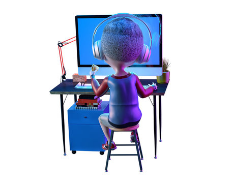 Happy kid boy gamer having fun playing video game, live streaming on computer. Funny child cartoon character of little boy wearing headphones with hamburger. Gaming e-sport concept. 3D render
