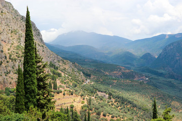 Scenic breathtaking view to mountain landscape in Greece, valley of Phosis and Parnassus mountain near Delphi