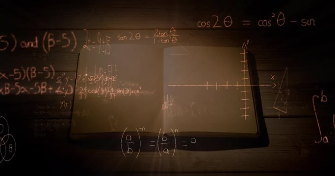 Mathematical equations and figures and an open notebook