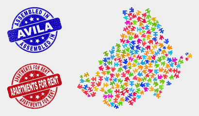 Constructor Avila Province map and blue Assembled seal stamp, and Apartments for Rent grunge seal stamp. Colorful vector Avila Province map mosaic of plugin parts.