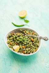 Hariyali sabudana khichdi is a delicious twist to the regular Sago khichadi made using cilantro , chillies and groundnuts