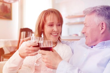 Smiling mature couple toasting wineglasses while sitting on sofa at home