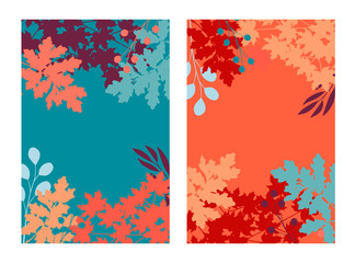 Vector set of vibrant hand drawn autumn tree leaves backgrounds with negative space - banners, posters, cover design templates
