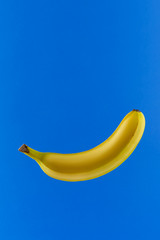 Single fresh, yellow, ripe, flying banana isolate on a dark  blue background. Minimal fashion, flatlay. Albino Different Creativity Creative Thinking Ideas Concept. Free space for text