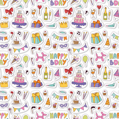 Happy birthday party celebration entertainment confetti present balloon decoration for holiday fun anniversary congratulation seamless pattern background vector illustration.