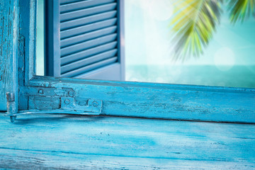 Fototapeta na wymiar Blue wooden window sill and free space for your decoration. 