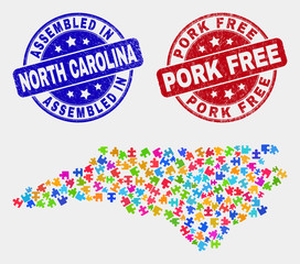 Bundle North Carolina State map and blue Assembled watermark, and Pork Free distress stamp. Colorful vector North Carolina State map mosaic of bundle elements. Red rounded Pork Free stamp.