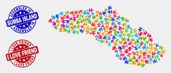 Module Sumba Island map and blue Assembled seal stamp, and I Love Friend grunge seal stamp. Colorful vector Sumba Island map mosaic of plugin elements. Red rounded I Love Friend stamp.