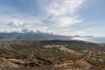 Beautiful aerial panoramic view from the top of the Diamond Head mountain on Oahu, Hawaii