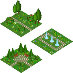 Garden isometric set to create garden landscape scene for game asset or cartoon background